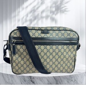 Gucci Front Zip Leather Large Beige and Navy Monogram Messenger Bag